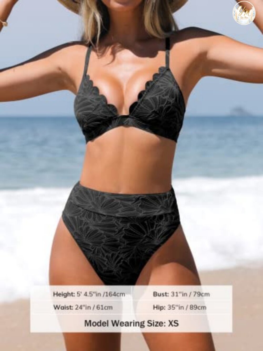 Women's High Waisted Bikini Set Scalloped V-Neck Textured Two Piece Swimwear - Picture 3 of 6